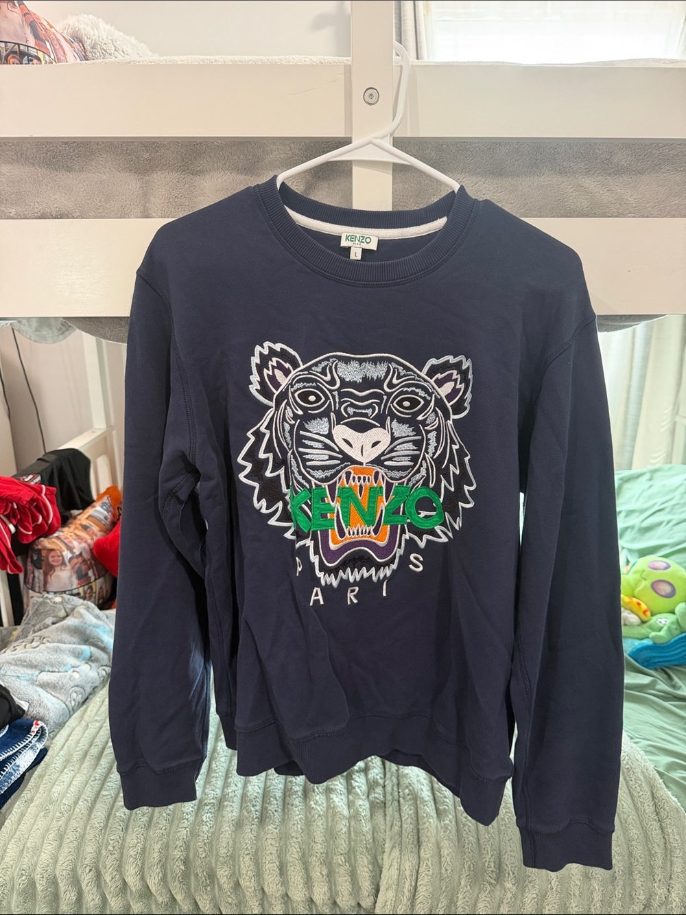 Kenzo Navy Embroidered Tiger Crewneck with Green & Orange Logo